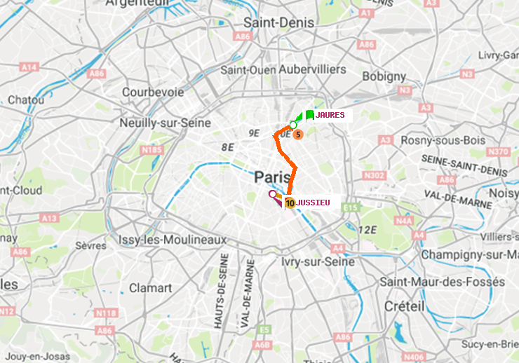 plan itinéraire ratp de Jaurès à Jussieu