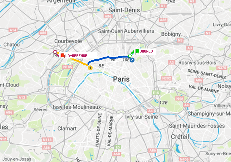 plan itinéraire ratp de Jaurès à La Défense (Grande Arche)