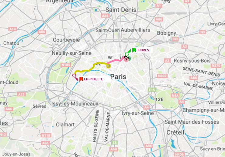 plan itinéraire ratp de Jaurès à La Muette