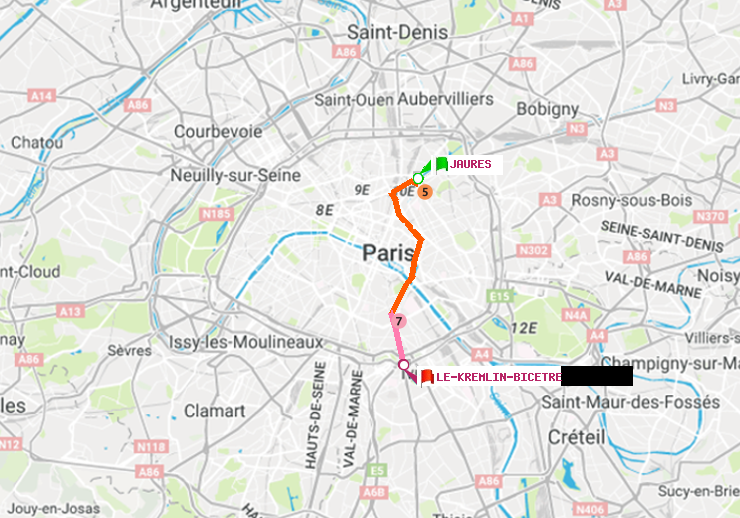 plan itinéraire ratp de Jaurès à Le Kremlin-Bicêtre