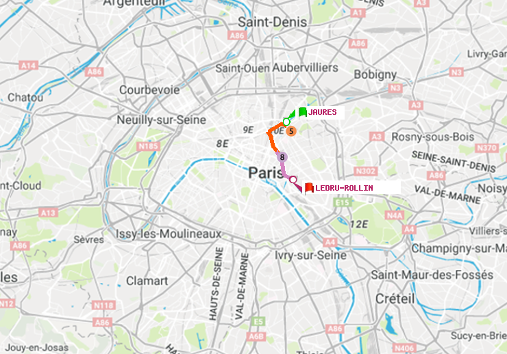plan itinéraire ratp de Jaurès à Ledru-Rollin