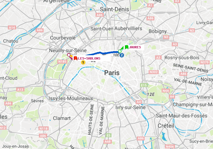 plan itinéraire ratp de Jaurès à Les Sablons (Jardin d