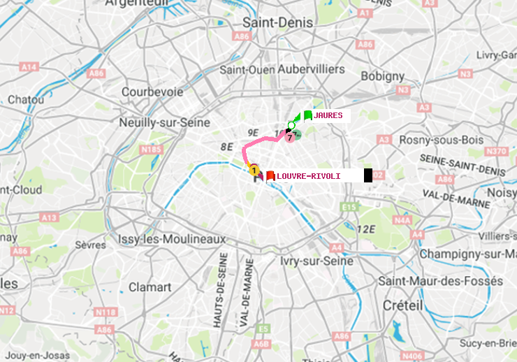 plan itinéraire ratp de Jaurès à Louvre-Rivoli