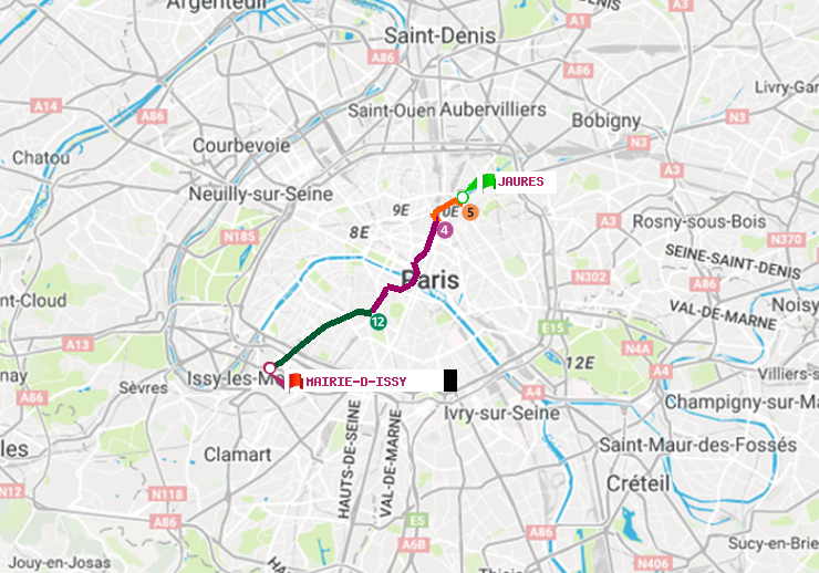 plan itinéraire ratp de Jaurès à Mairie d