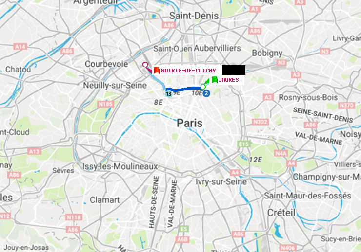 plan itinéraire ratp de Jaurès à Mairie de Clichy