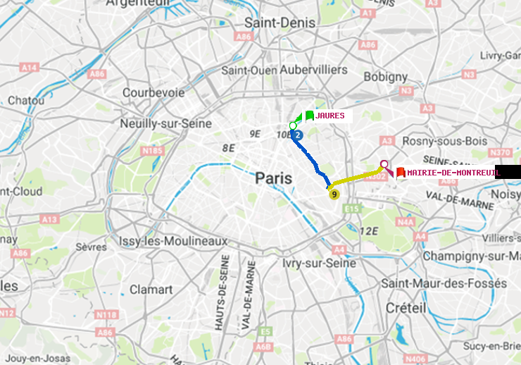 plan itinéraire ratp de Jaurès à Mairie de Montreuil