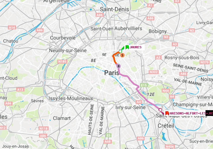 plan itinéraire ratp de Jaurès à Maisons-Alfort-Les Juilliottes