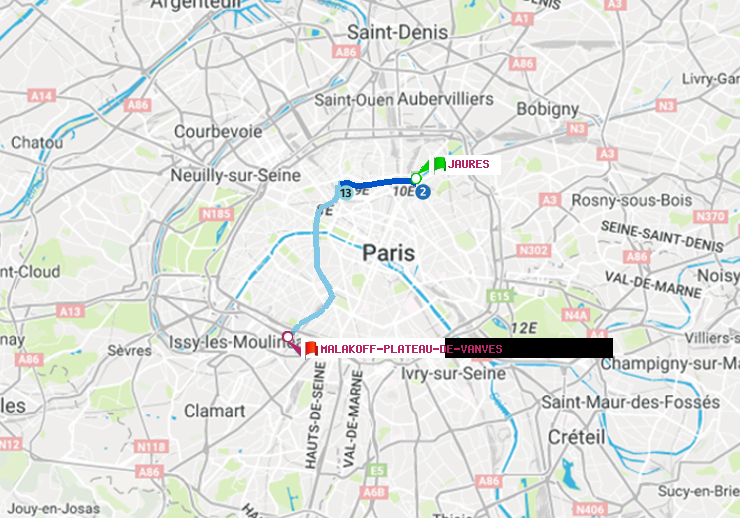 plan itinéraire ratp de Jaurès à Malakoff-Plateau de Vanves