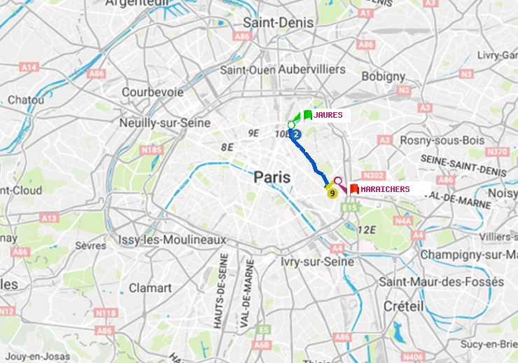 plan itinéraire ratp de Jaurès à Maraichers
