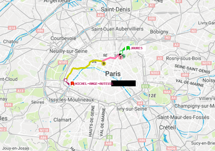 plan itinéraire ratp de Jaurès à Michel-Ange-Auteuil