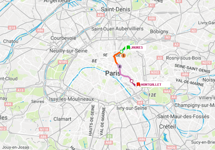 plan itinéraire ratp de Jaurès à Montgallet