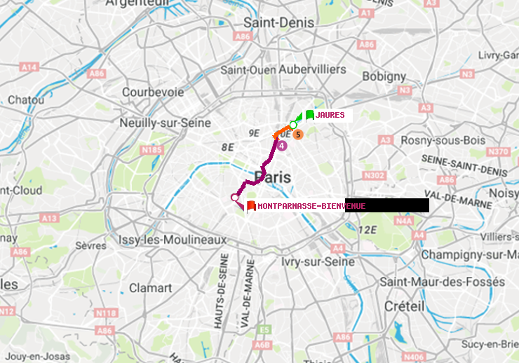 plan itinéraire ratp de Jaurès à Montparnasse-Bienvenue