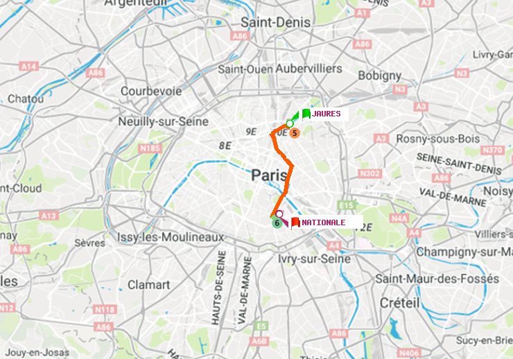 plan itinéraire ratp de Jaurès à Nationale