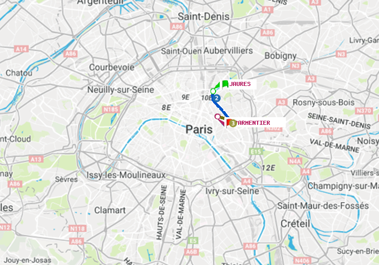 plan itinéraire ratp de Jaurès à Parmentier