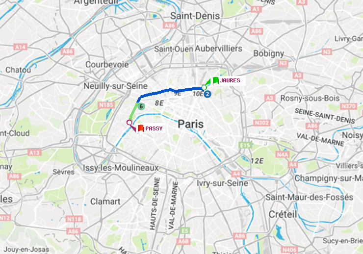 plan itinéraire ratp de Jaurès à Passy
