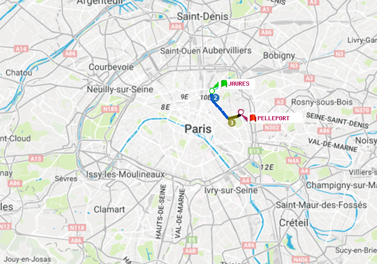 plan itinéraire ratp de Jaurès à Pelleport
