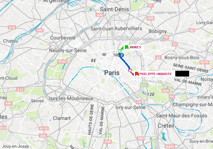 plan itinéraire ratp de Jaurès à Philippe Auguste