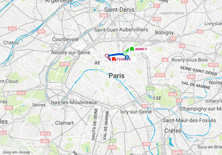 plan itinéraire ratp de Jaurès à Pigalle