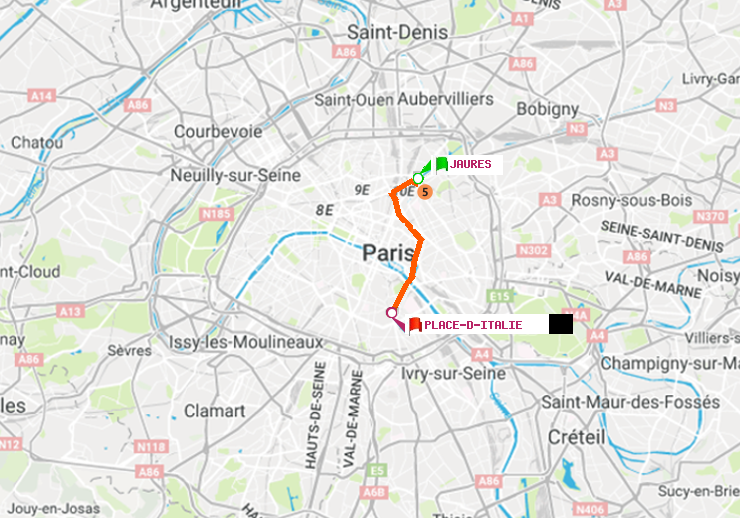 plan itinéraire ratp de Jaurès à Place d