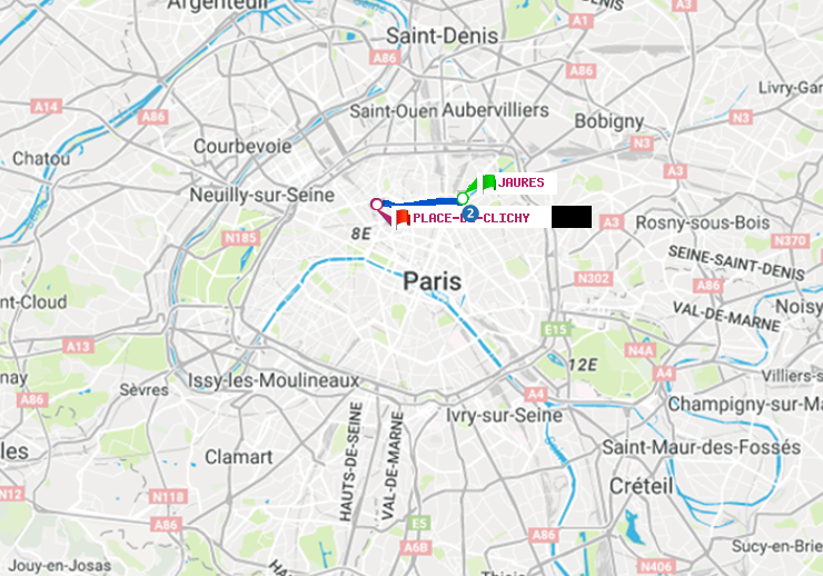 plan itinéraire ratp de Jaurès à Place de Clichy