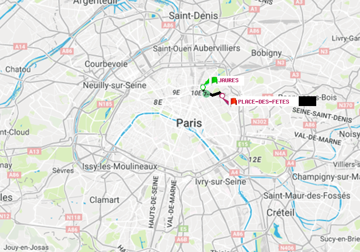 plan itinéraire ratp de Jaurès à Place des Fêtes