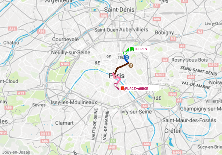 plan itinéraire ratp de Jaurès à Place Monge (Jardin des Plantes)