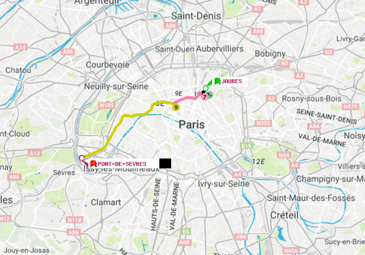 plan itinéraire ratp de Jaurès à Pont de Sèvres