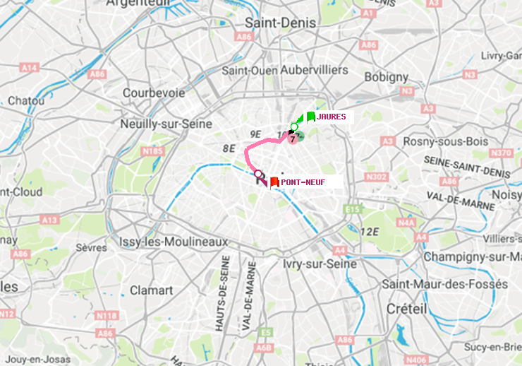 plan itinéraire ratp de Jaurès à Pont Neuf