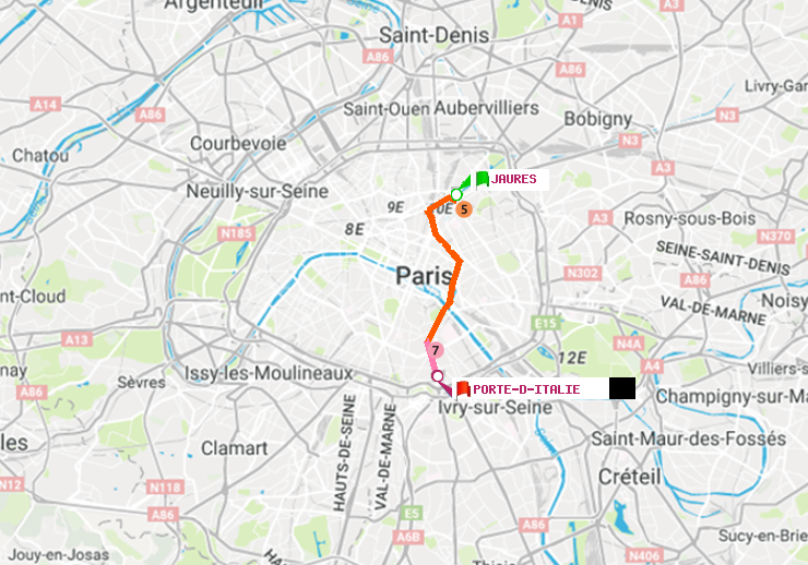 plan itinéraire ratp de Jaurès à Porte d