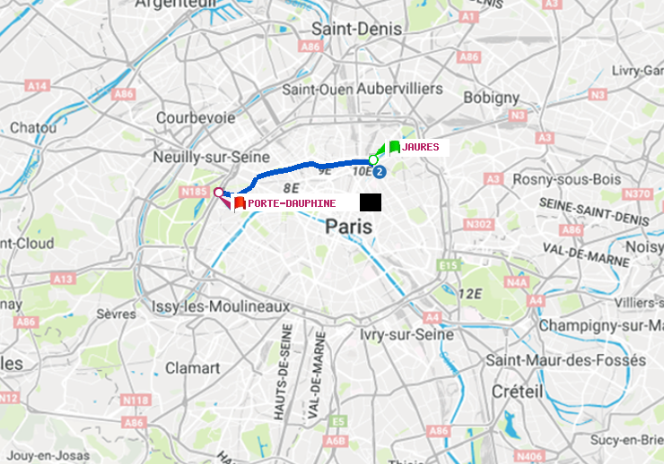 plan itinéraire ratp de Jaurès à Porte Dauphine (Maréchal de Lattre de Tassigny)