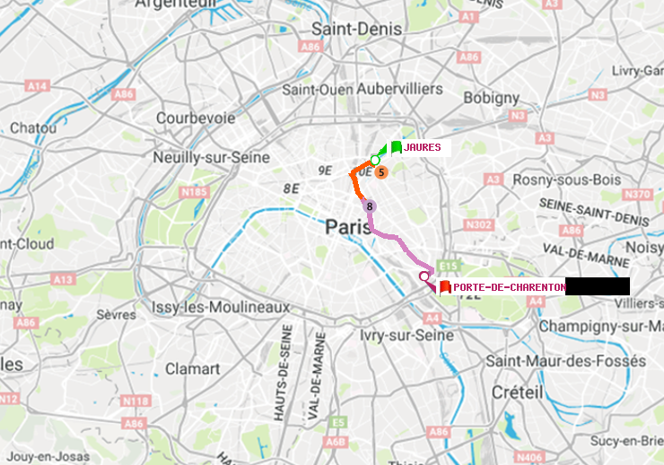 plan itinéraire ratp de Jaurès à Porte de Charenton