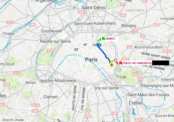 plan itinéraire ratp de Jaurès à Porte de Montreuil