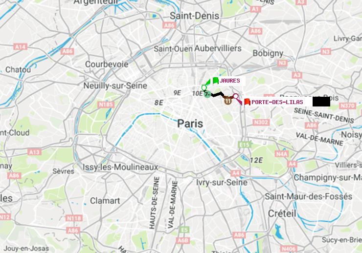plan itinéraire ratp de Jaurès à Porte des Lilas