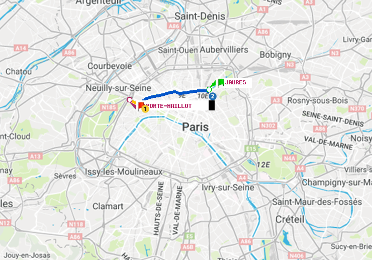 plan itinéraire ratp de Jaurès à Porte Maillot