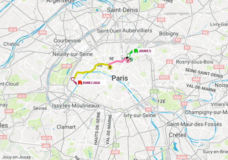 plan itinéraire ratp de Jaurès à Ranelagh