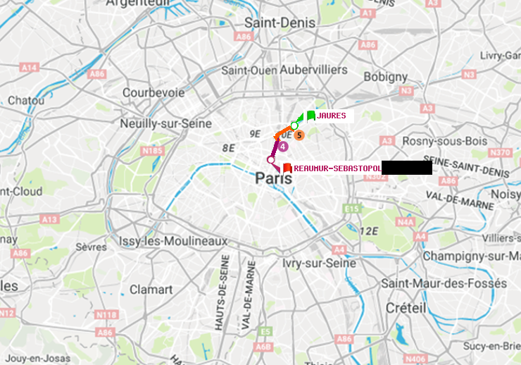 plan itinéraire ratp de Jaurès à Réaumur-Sébastopol