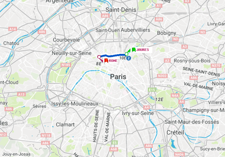 plan itinéraire ratp de Jaurès à Rome