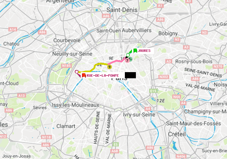 plan itinéraire ratp de Jaurès à Rue de la Pompe (Avenue Georges Mandel)