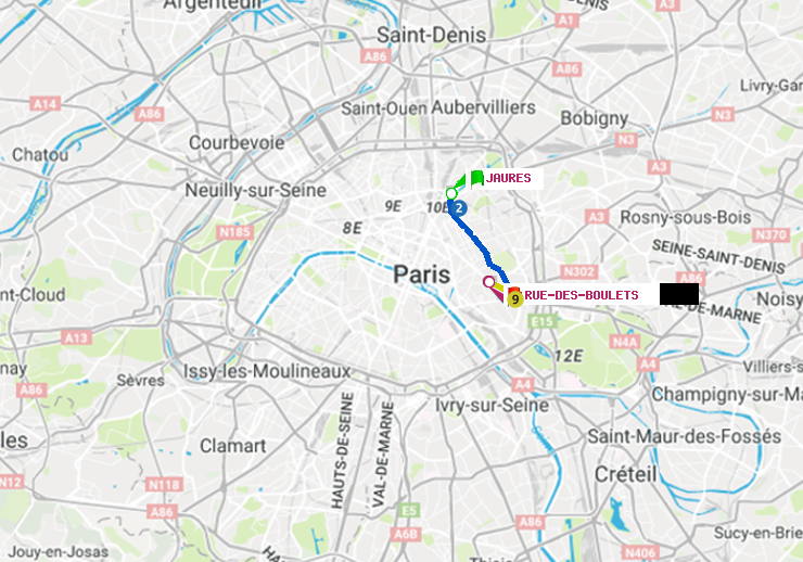 plan itinéraire ratp de Jaurès à Rue des Boulets
