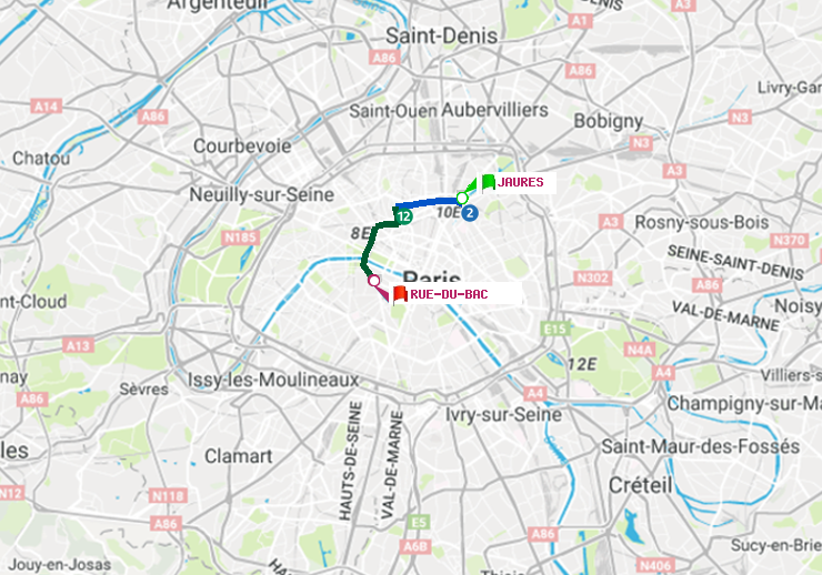 plan itinéraire ratp de Jaurès à Rue du Bac