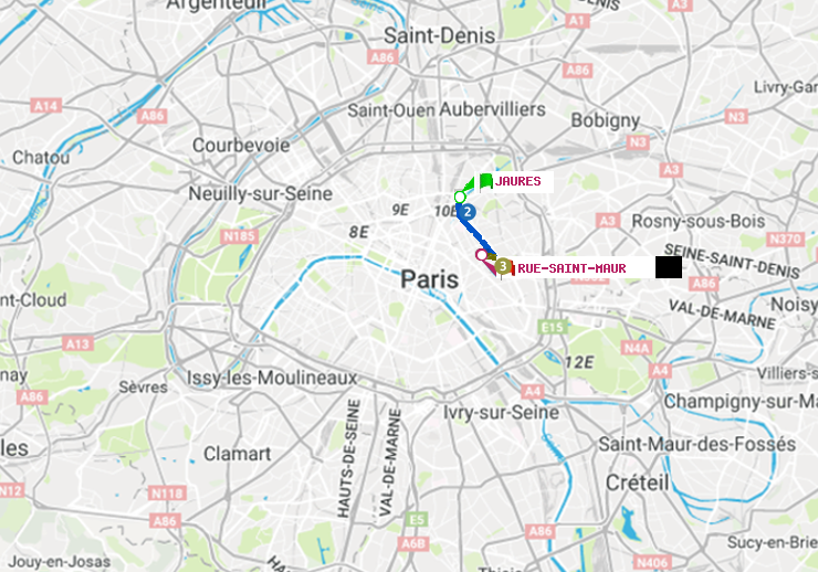 plan itinéraire ratp de Jaurès à Rue Saint-Maur