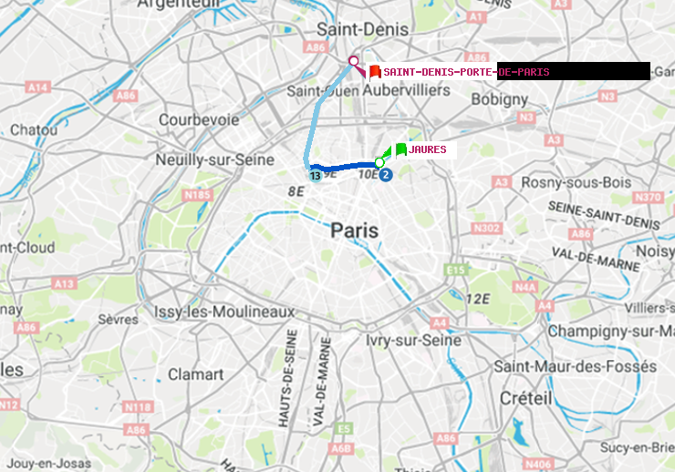 plan itinéraire ratp de Jaurès à Saint-Denis-Porte de Paris