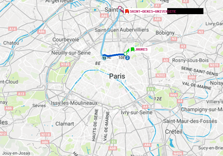 plan itinéraire ratp de Jaurès à Saint-Denis-Universite