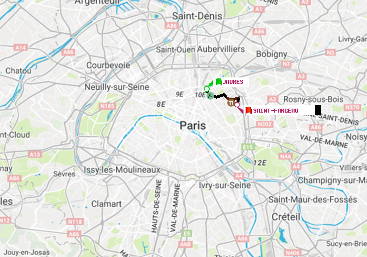 plan itinéraire ratp de Jaurès à Saint-Fargeau