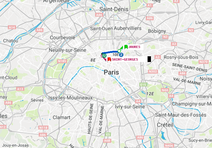 plan itinéraire ratp de Jaurès à Saint-Georges