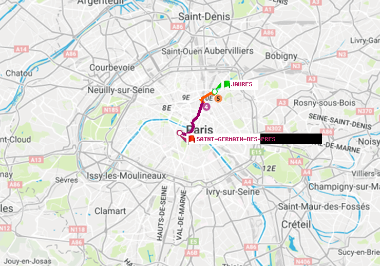 plan itinéraire ratp de Jaurès à Saint-Germain des Prés
