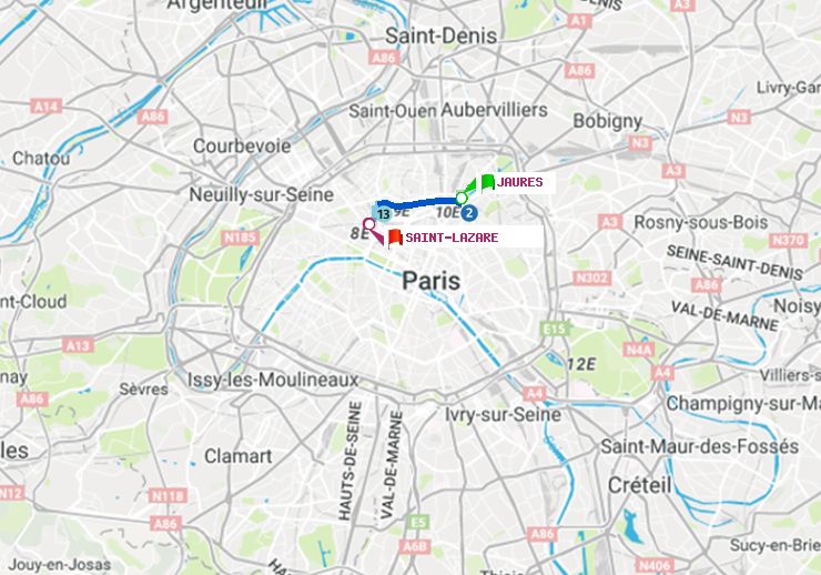 plan itinéraire ratp de Jaurès à Saint-Lazare