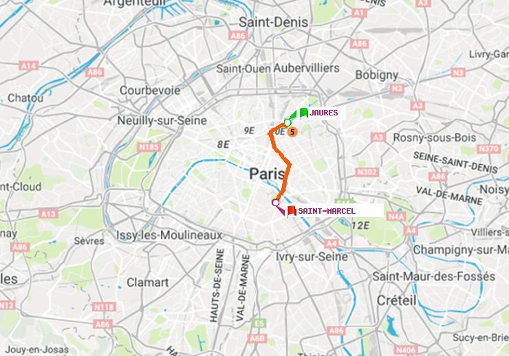 plan itinéraire ratp de Jaurès à Saint-Marcel