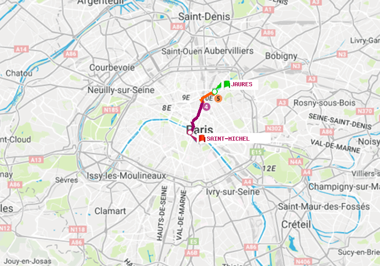 plan itinéraire ratp de Jaurès à Saint-Michel