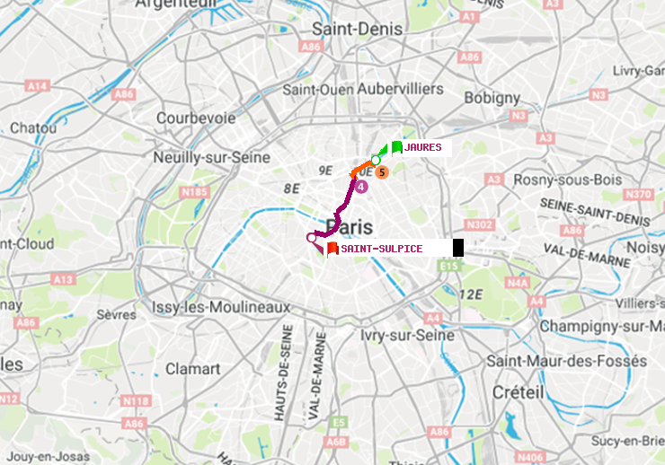 plan itinéraire ratp de Jaurès à Saint-Sulpice